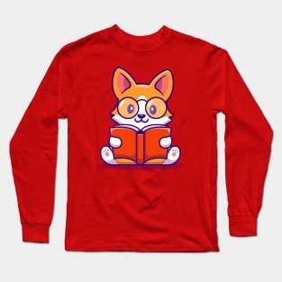 Cute Corgi Dog Reading Book Long Sleeve T-Shirt